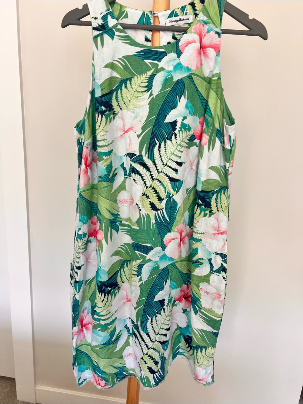 Tommy Bahama %100 linen Tropical Floral Dress Green & Pink Like New Size L